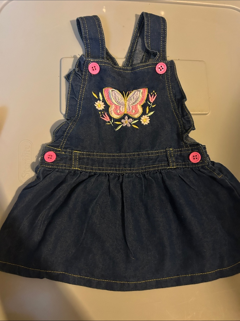 Denim Butterfly Overall Dress with Pink Button Accents